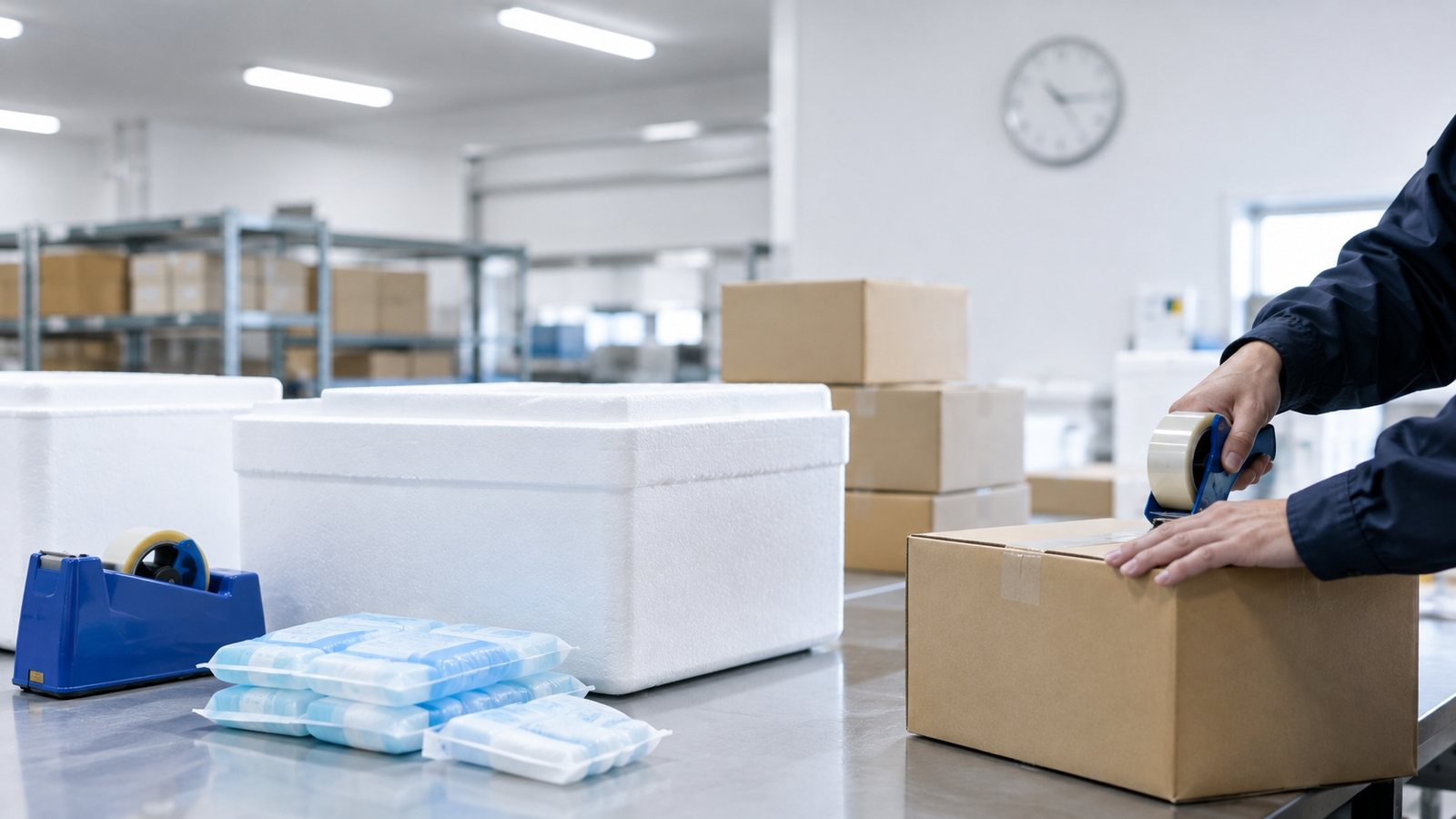 出荷作業台の上に保冷箱と保冷剤が並び、段ボールにテープで封をしている様子