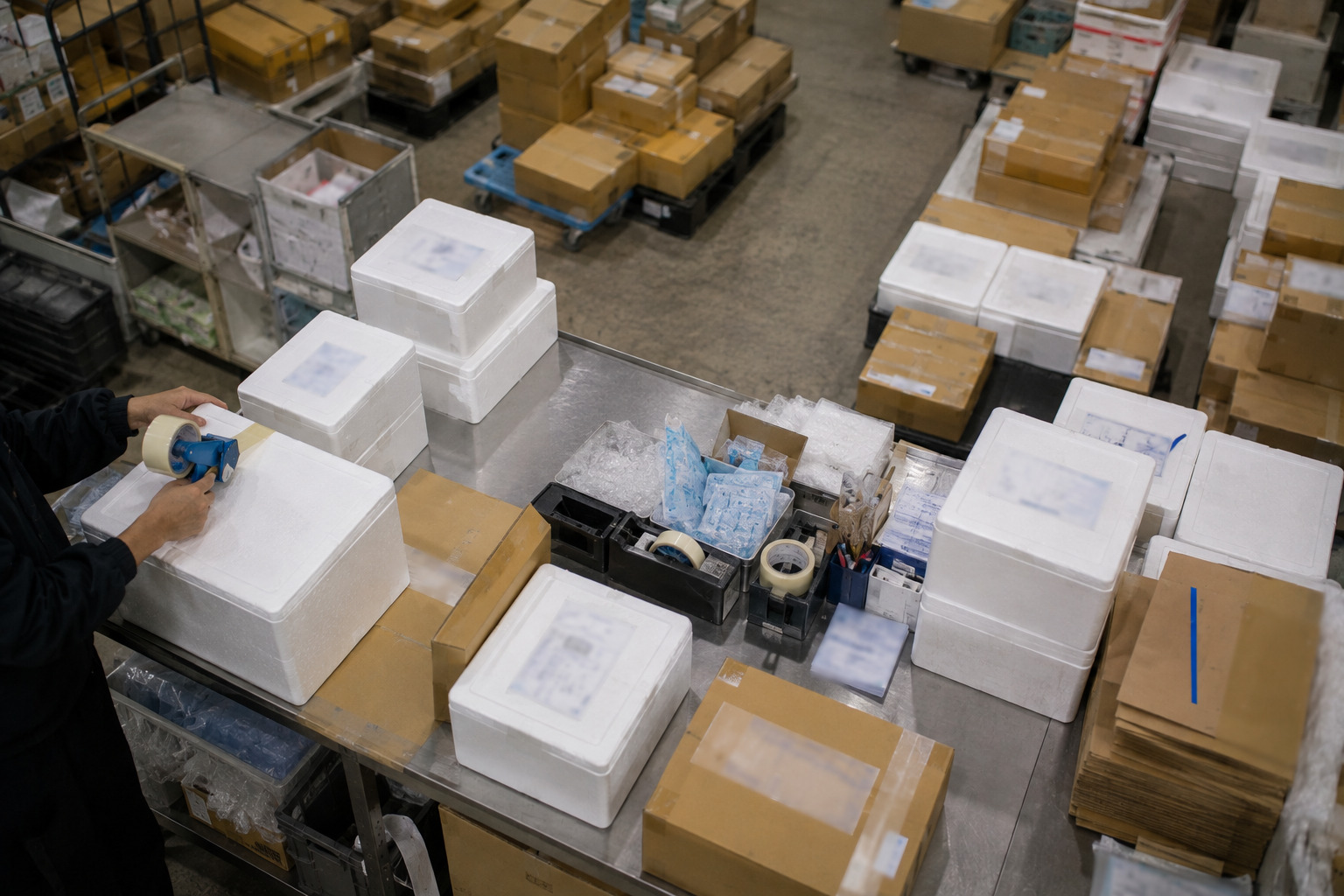出荷作業台を俯瞰した様子。梱包を終えた箱が発送を待って並んでいる
