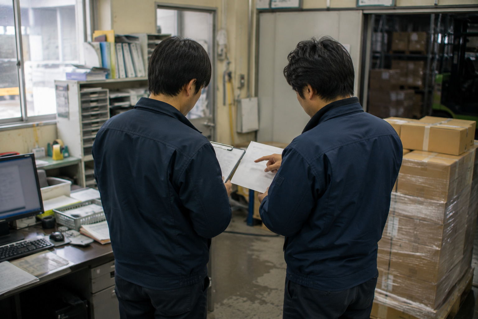 倉庫の事務所で、担当者2名が書類を見ながら搬入の条件を確認している後ろ姿